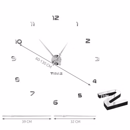 DIY väggklocka 60–130 cm – Silver 3D spegeleffekt