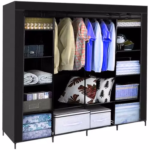 Tyg-garderob 170 × 170 cm – RUHHY hopfällbar med 14 hyllor