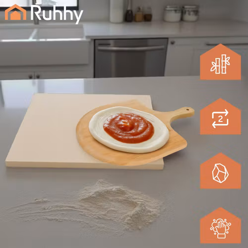 Pizzastein 38 × 36 cm med bambusspade – Ruhhy cordieritt