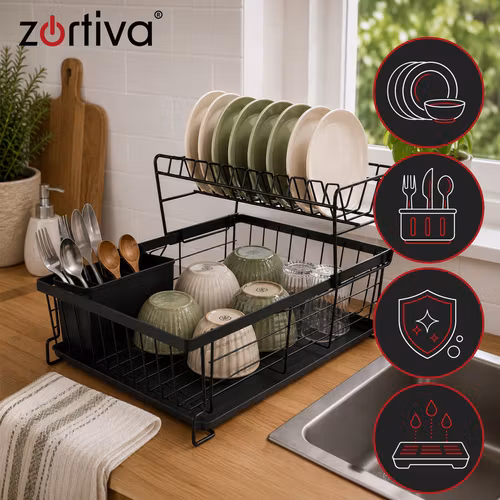 Dish rack 2 levels 43 cm – Zortiva with drip tray and cutlery holder