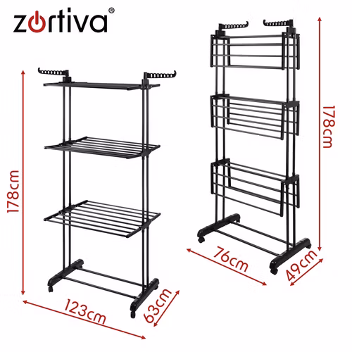 Torkställning 178 cm XXL – Zortiva hopfällbar med 3 nivåer och hjul