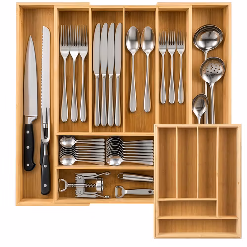 Besticklåda i bambu utdragbar 33,5–50,5 cm – Zortiva 6–8 fack