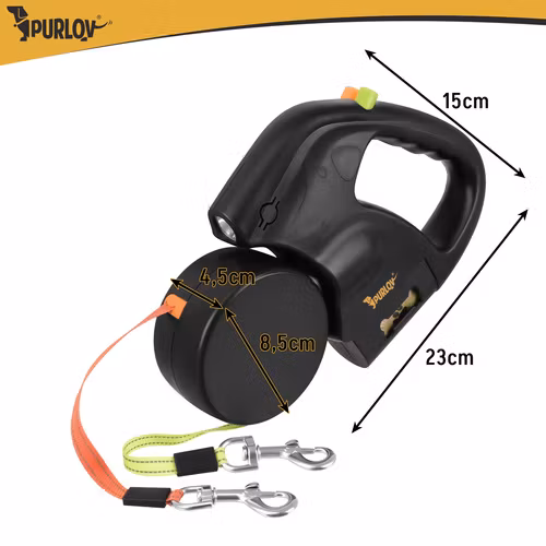 Dobbelt fleksibel snor 2 × 3 m til 2 hunde – Purlov med LED