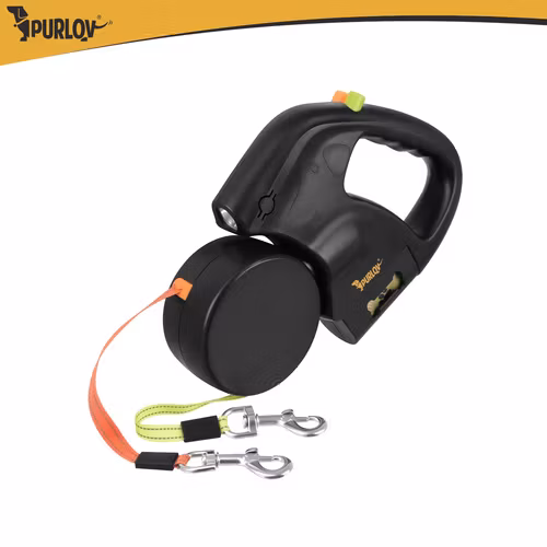 Dobbelt fleksibel snor 2 × 3 m til 2 hunde – Purlov med LED