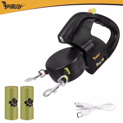 Dobbelt fleksibel snor 2 × 3 m til 2 hunde – Purlov med LED