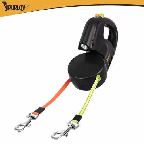 Dobbelt fleksibel snor 2 × 3 m til 2 hunde – Purlov med LED