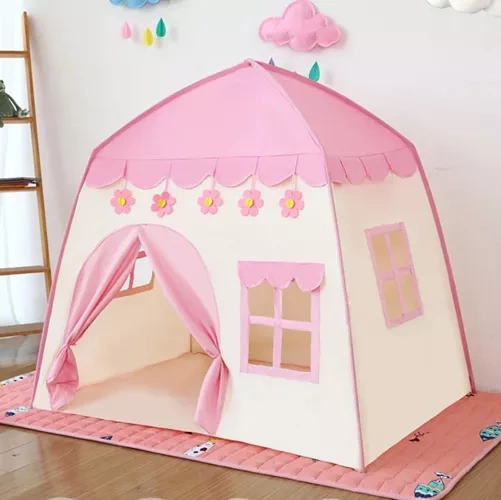 Barntält med ljusslinga – lektält hus rosa/vitt för barn