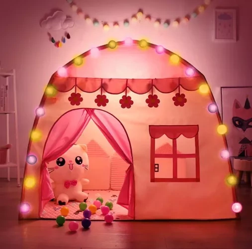 Barntält med ljusslinga – lektält hus rosa/vitt för barn