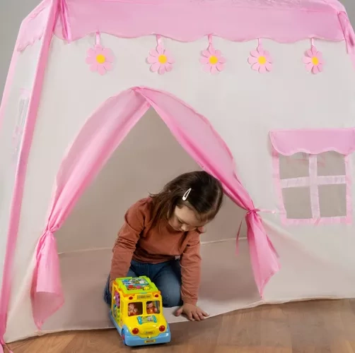 Barntält med ljusslinga – lektält hus rosa/vitt för barn