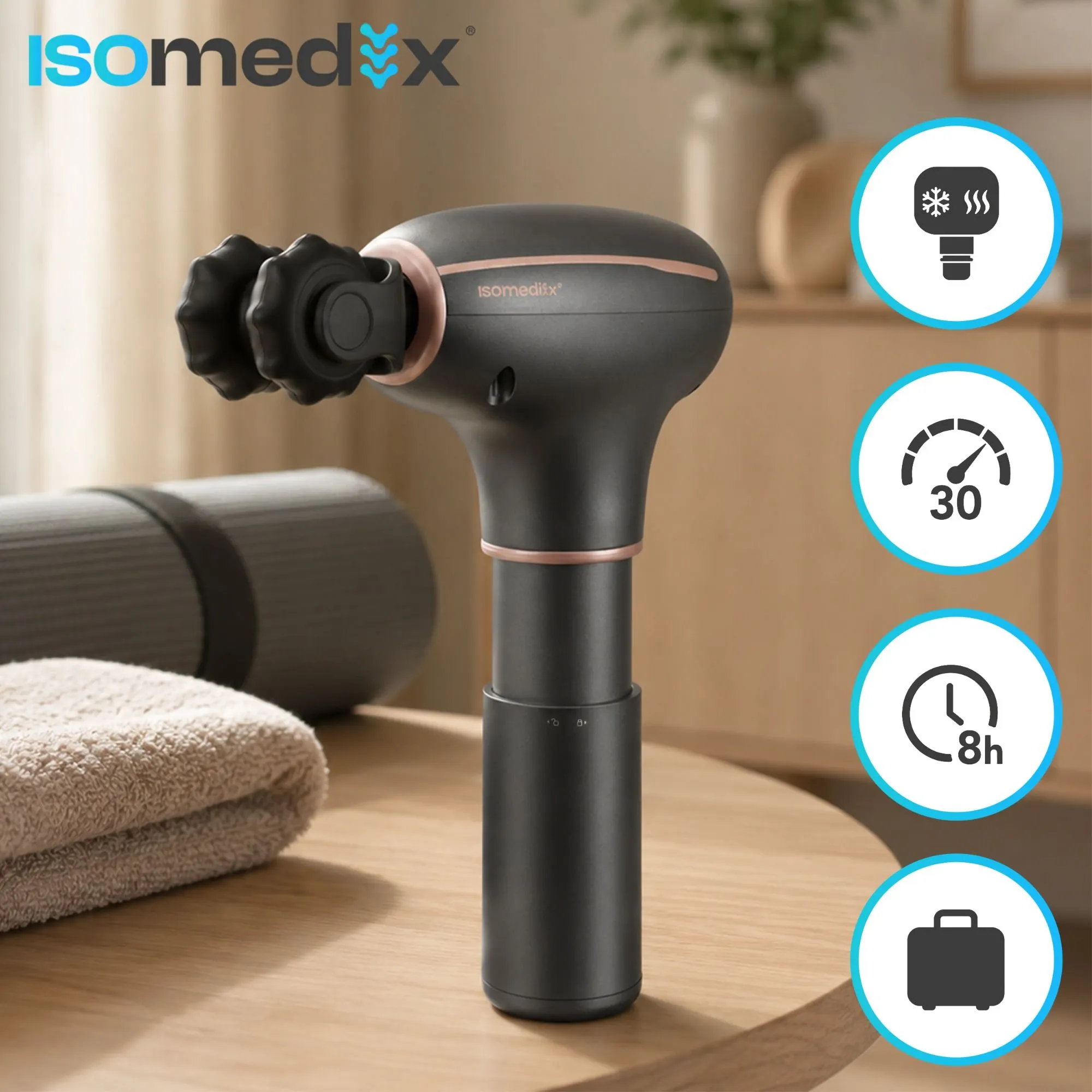 Isomedix Pro Ultra massagepistol med värme & kyla – 7 huvuden