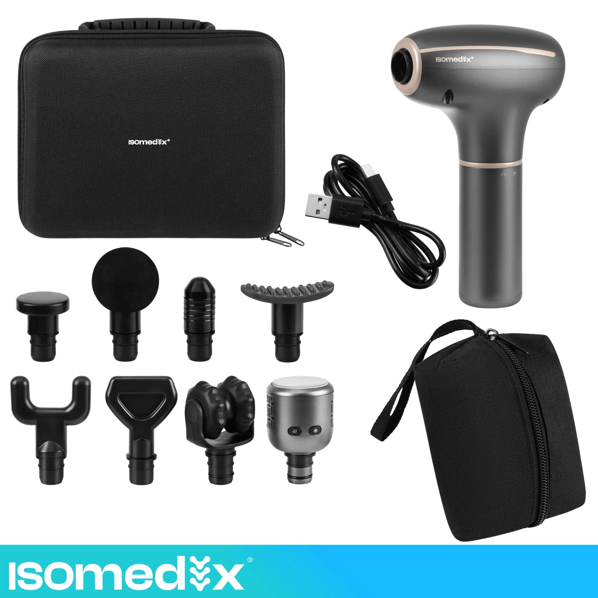 Isomedix Pro Ultra massagepistol med värme & kyla – 7 huvuden