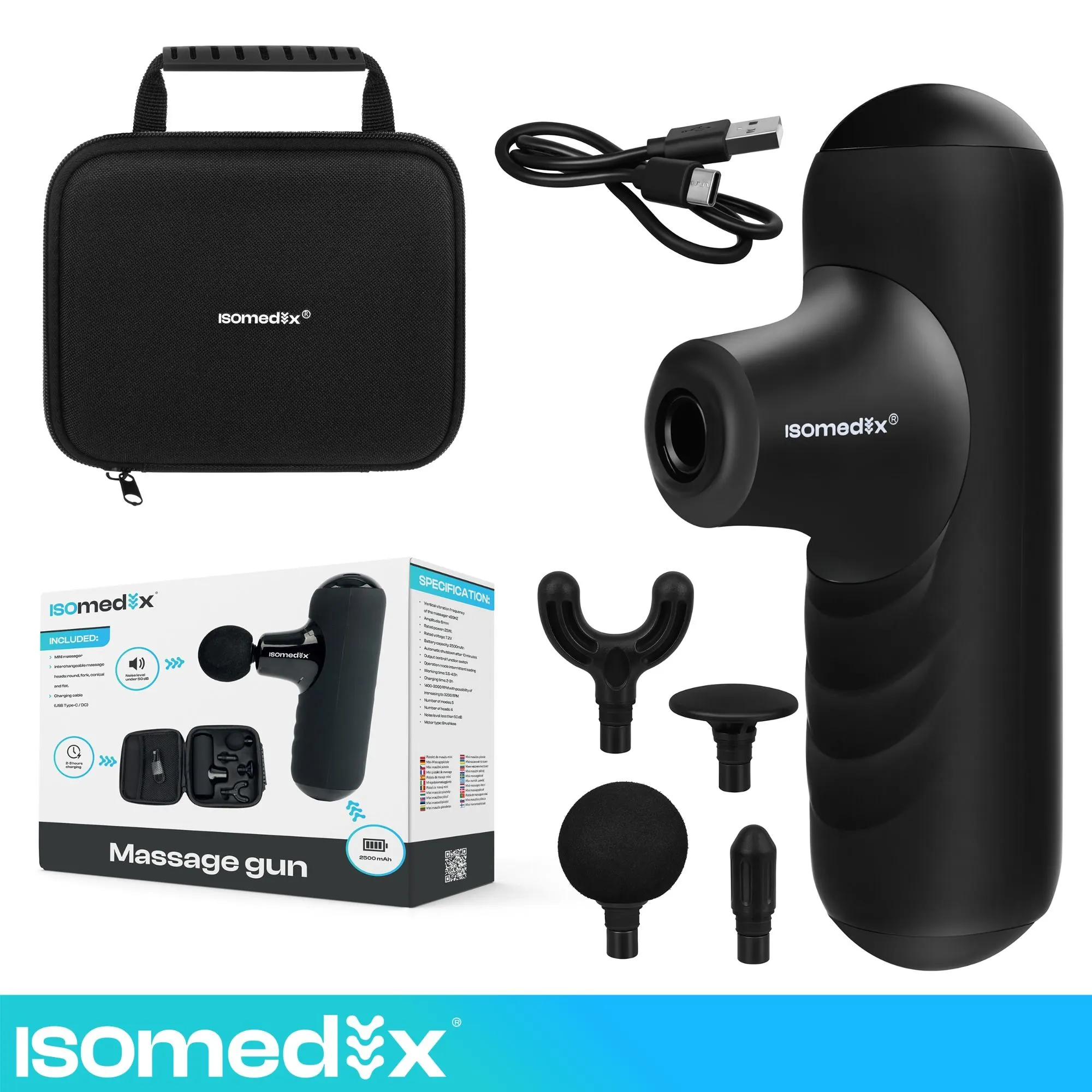 Mini-massagepistol – 5 lägen, 4 munstycken, USB-C