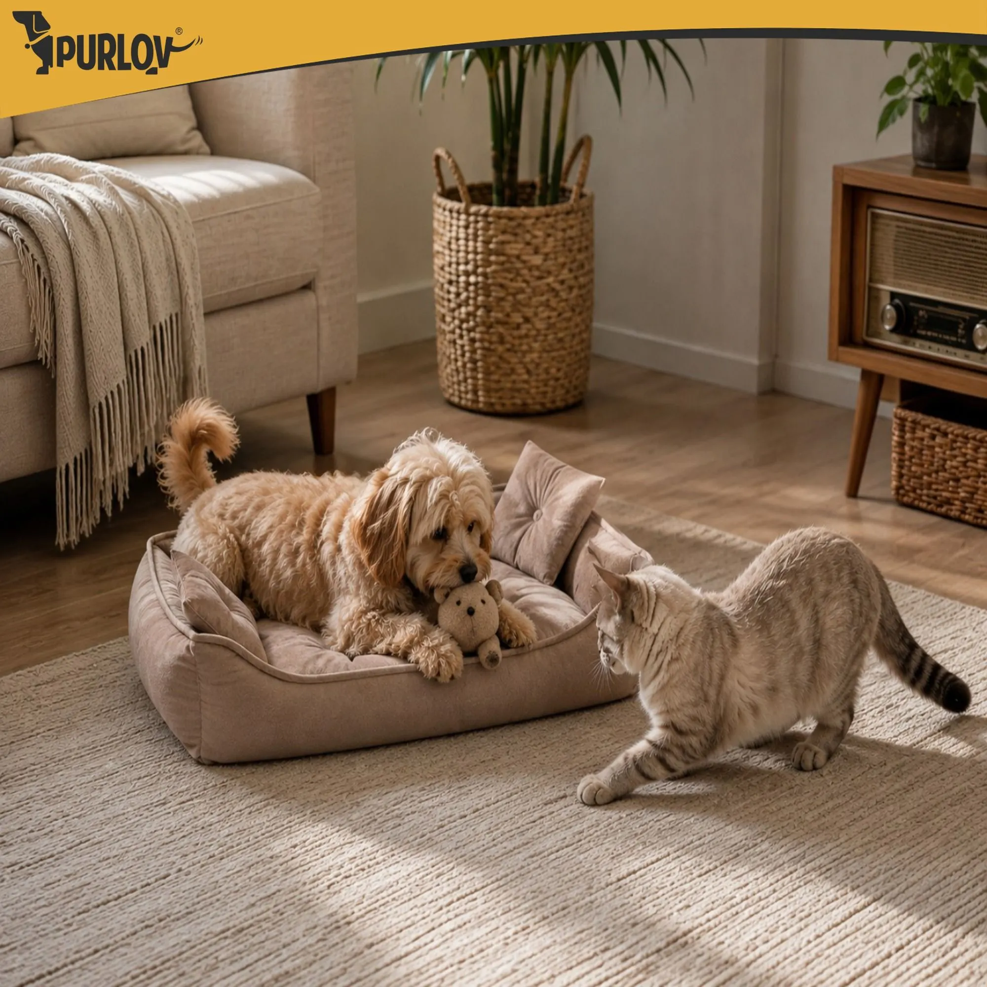 Hund- & Kattbädd 70x50 cm – Beige med 2 Kuddar