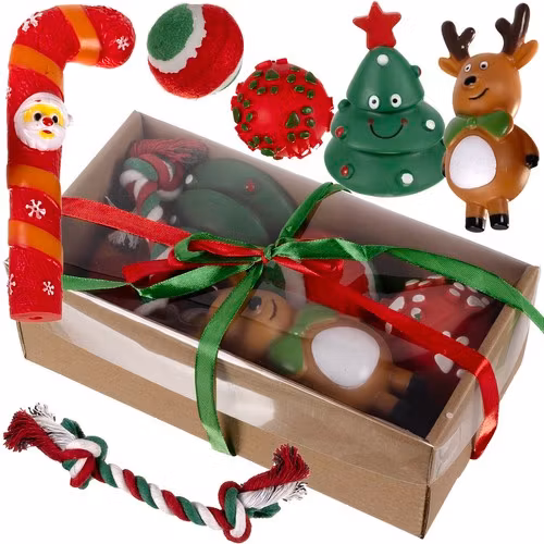 Julklappsset Hund 6 Delar – Hundleksaker med Julmotiv