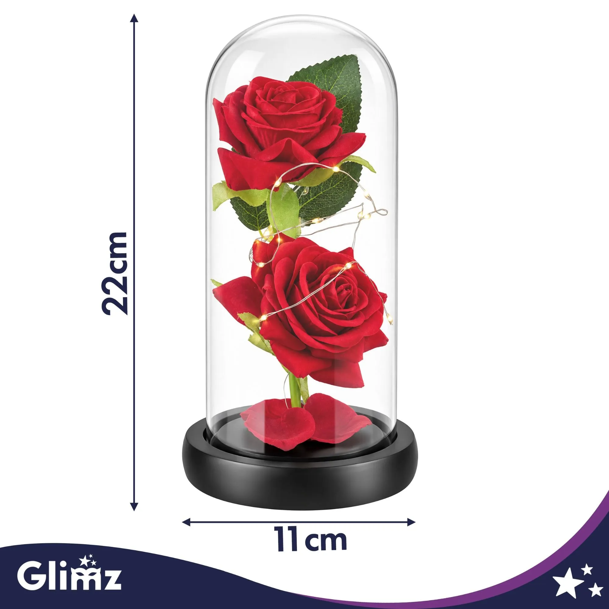 Evig ros i glas med LED – GLIMZ 22 cm, 2 rosor