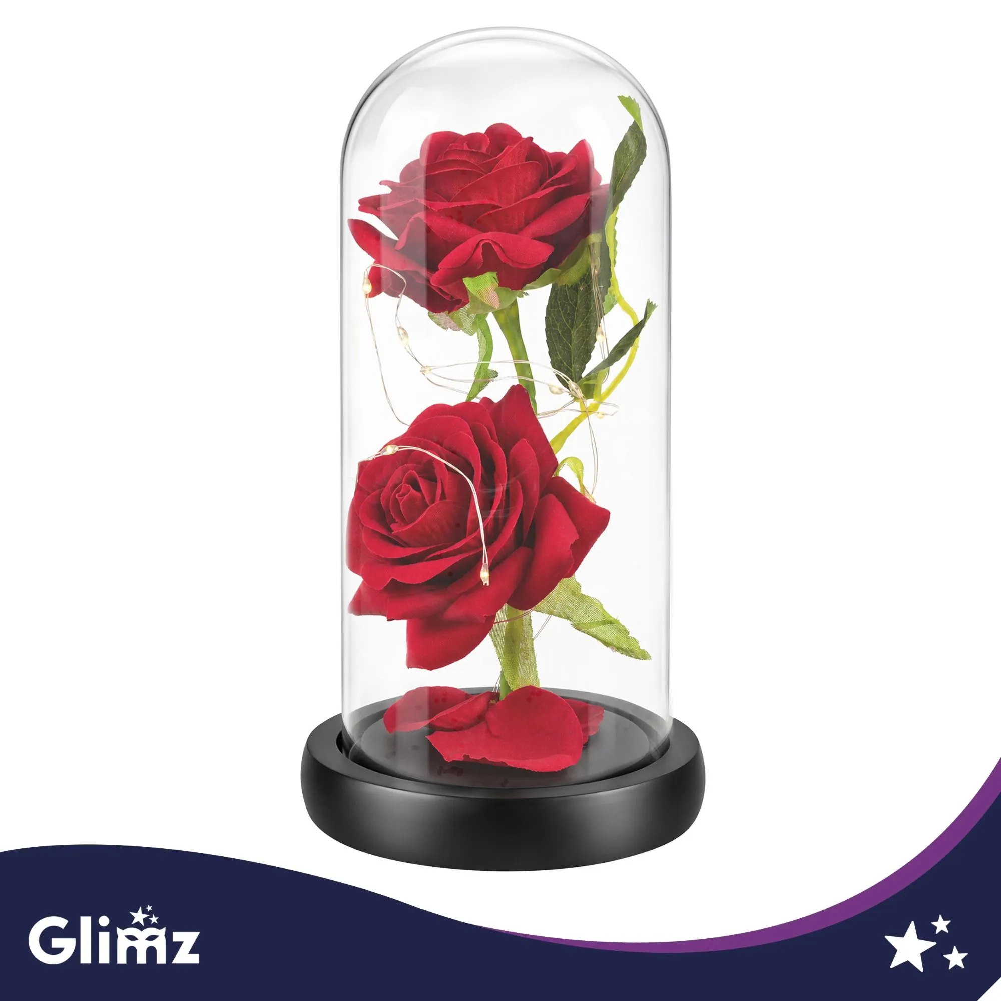 Evig ros i glas med LED – GLIMZ 22 cm, 2 rosor