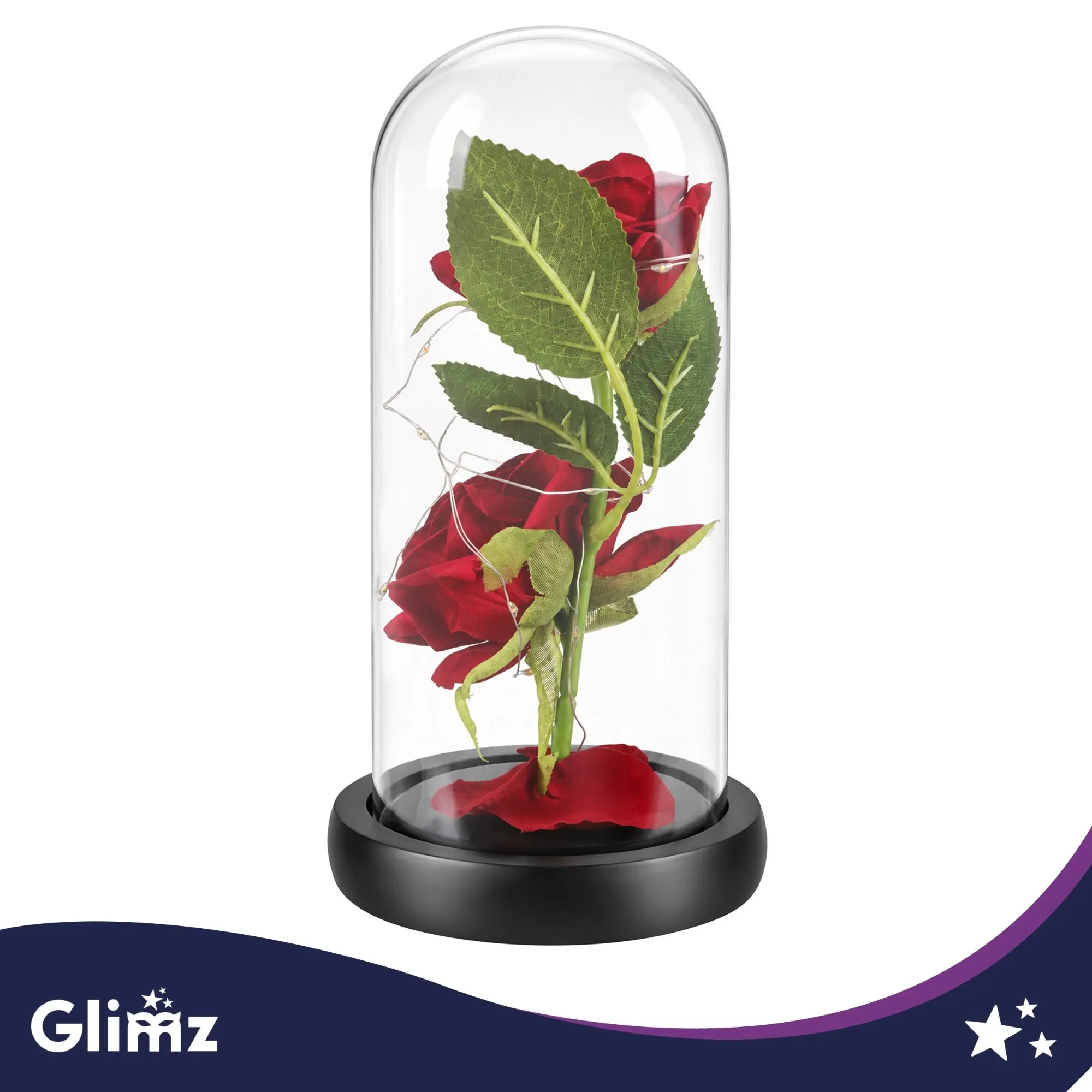 Evig ros i glas med LED – GLIMZ 22 cm, 2 rosor