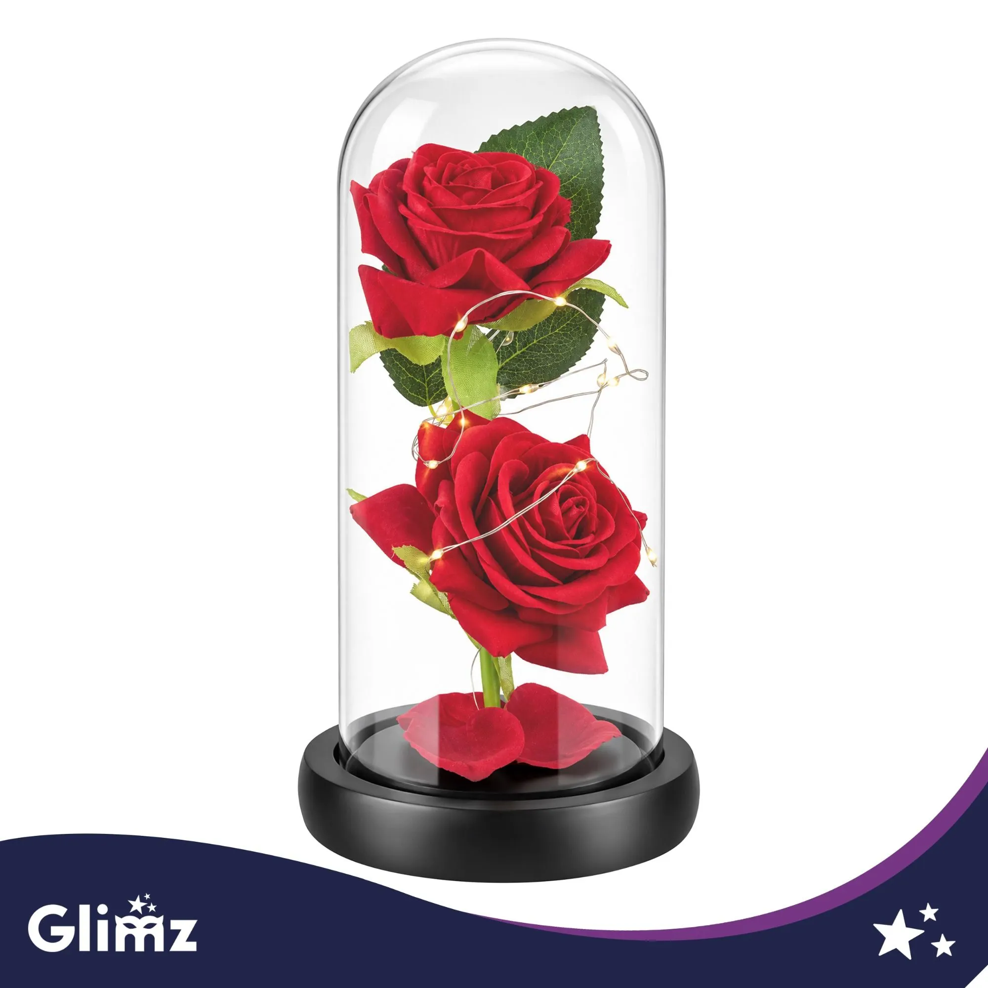 Evig ros i glas med LED – GLIMZ 22 cm, 2 rosor