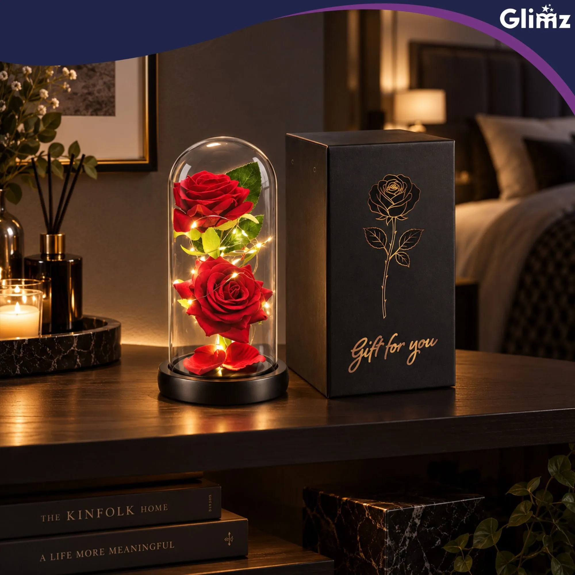 Evig ros i glas med LED – GLIMZ 22 cm, 2 rosor