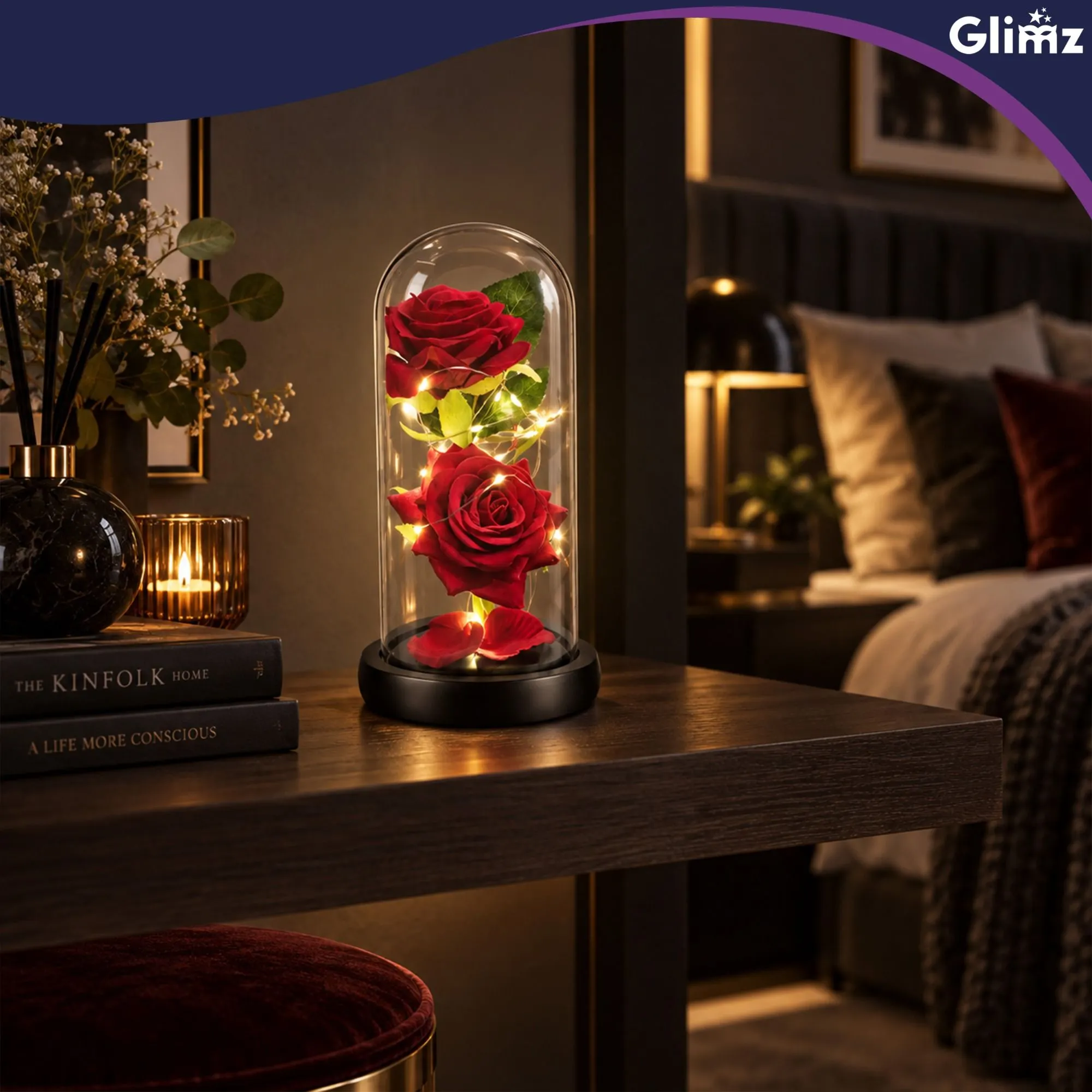 Evig ros i glas med LED – GLIMZ 22 cm, 2 rosor