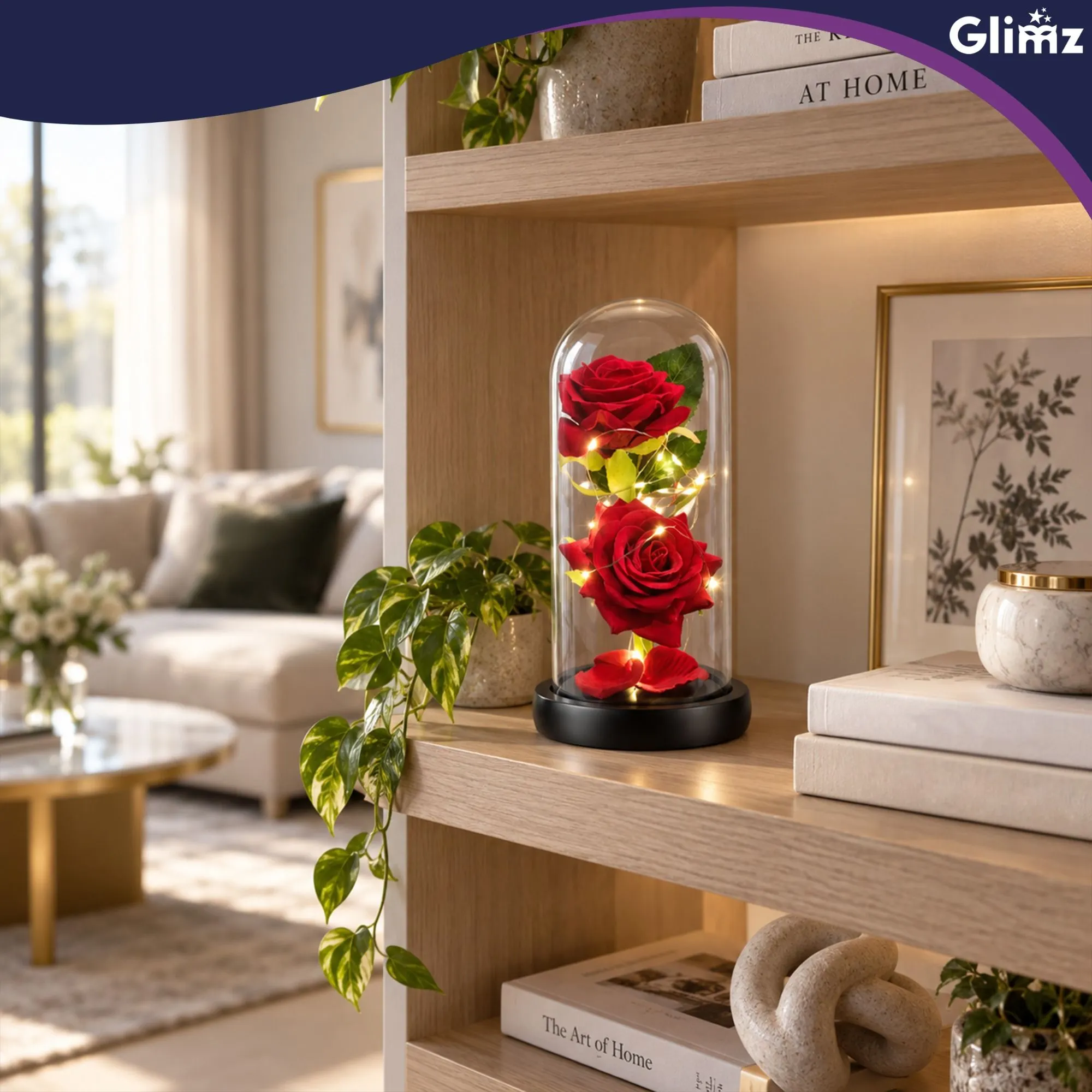 Evig ros i glas med LED – GLIMZ 22 cm, 2 rosor