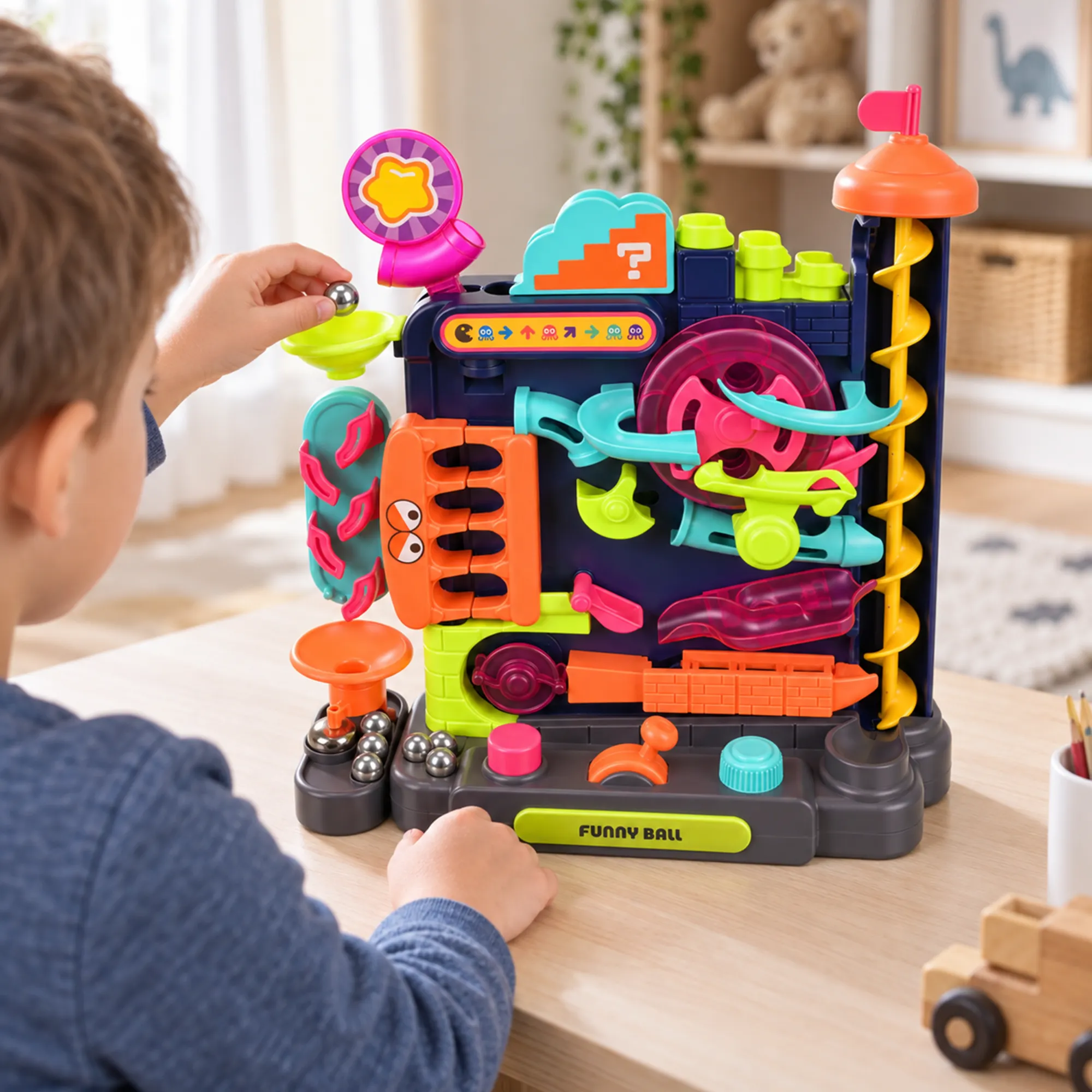 Kugelbahn für Kinder mit Hindernissen – 6 Metallkugeln | Geschicklichkeitsspiel
