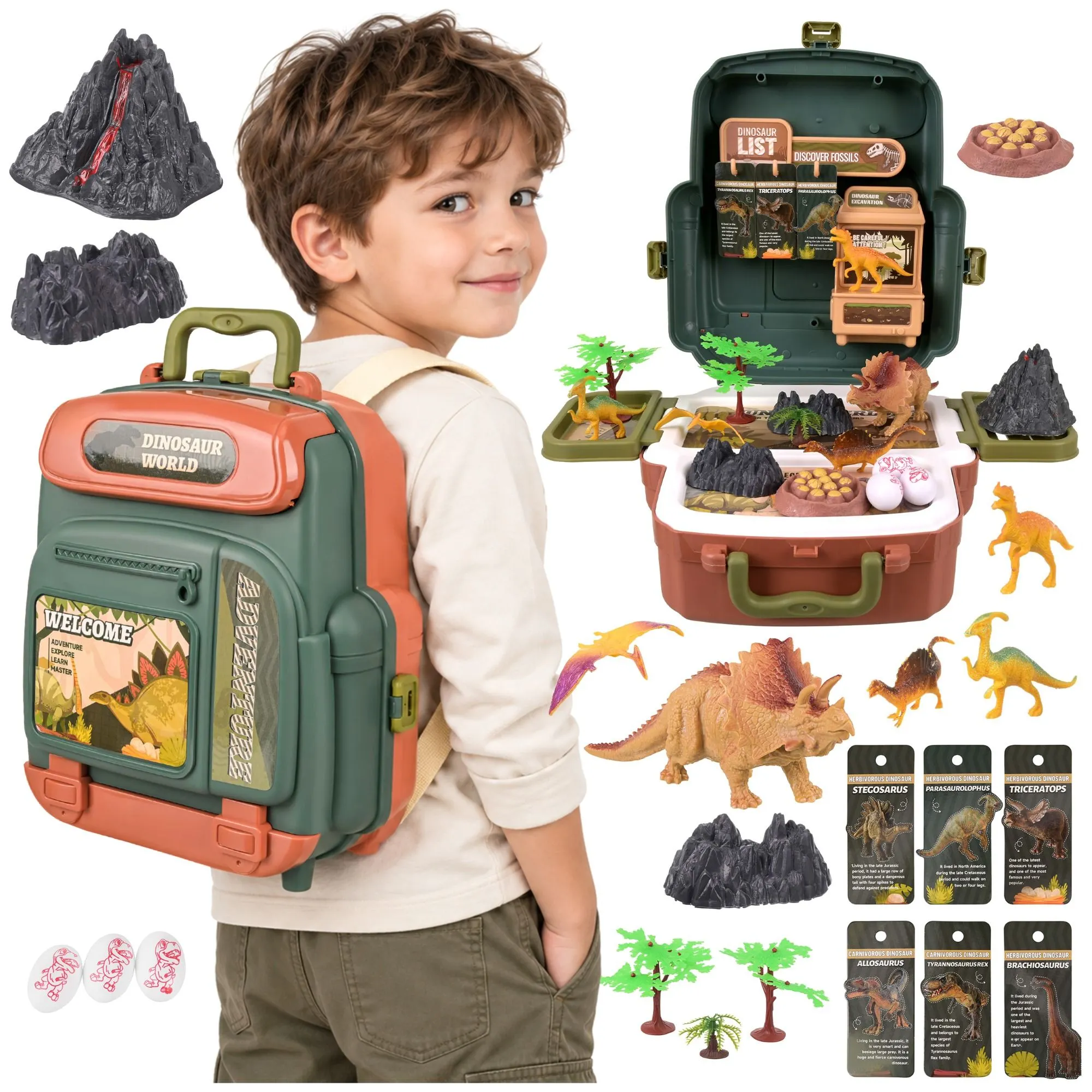 Dinosaur set in backpack – 5 dinosaurs, volcano and egg