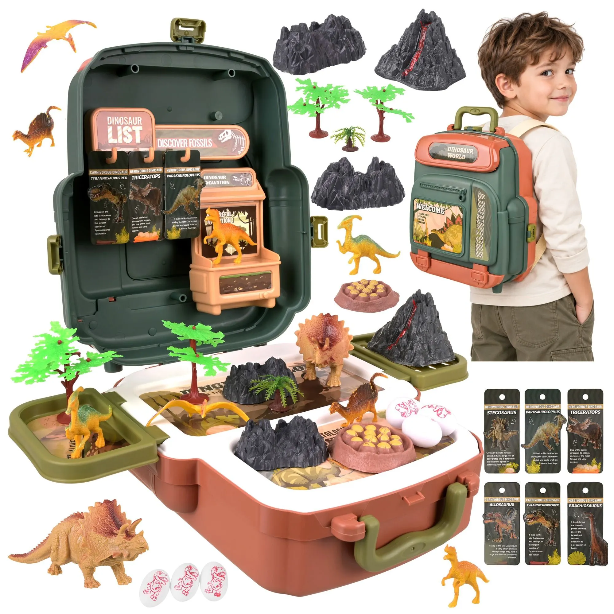 Dinosaur set in backpack – 5 dinosaurs, volcano and egg