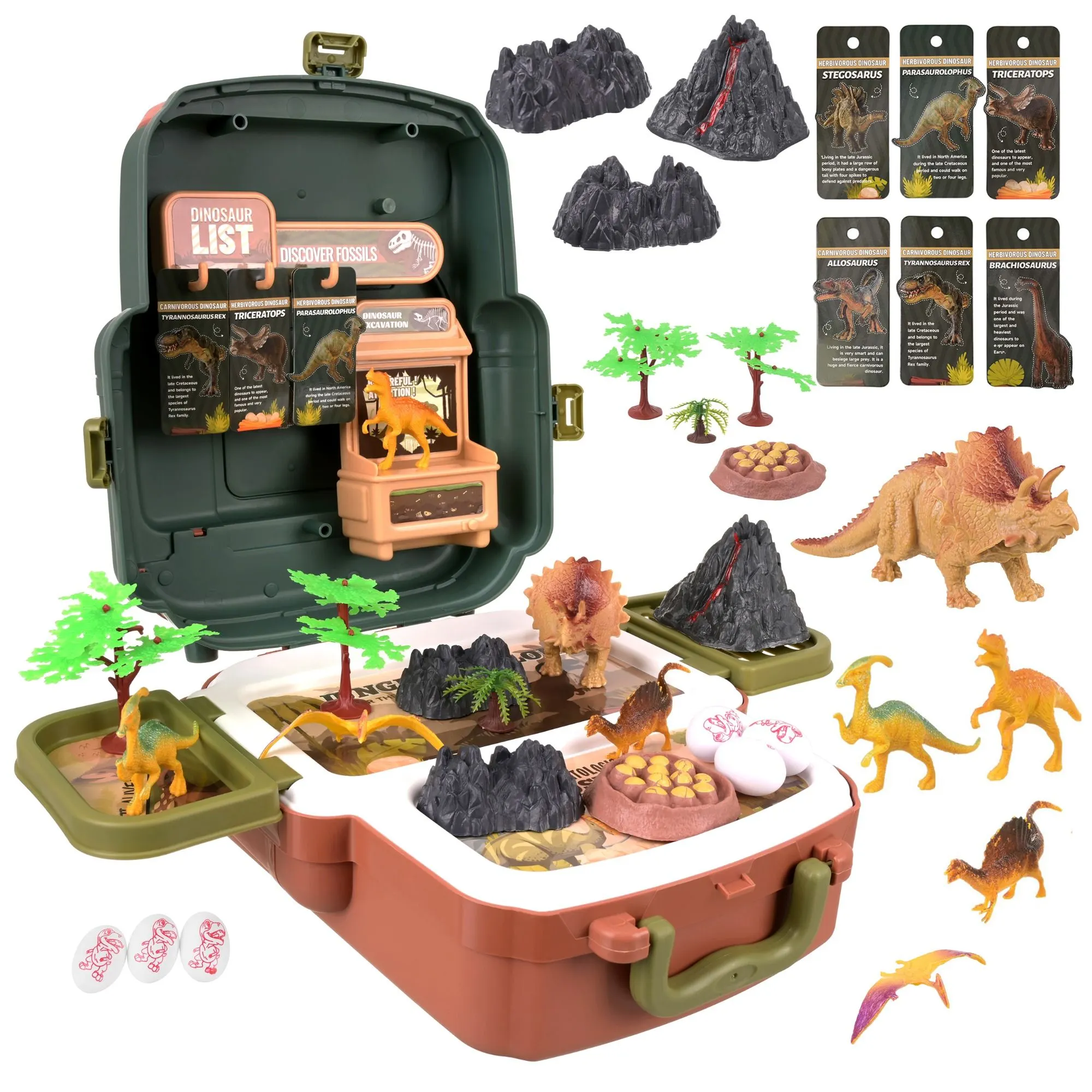 Dinosaur set in backpack – 5 dinosaurs, volcano and egg