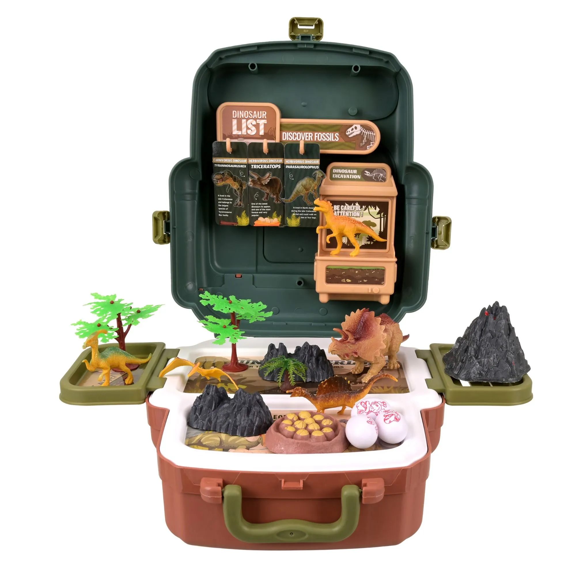 Dinosaur set in backpack – 5 dinosaurs, volcano and egg
