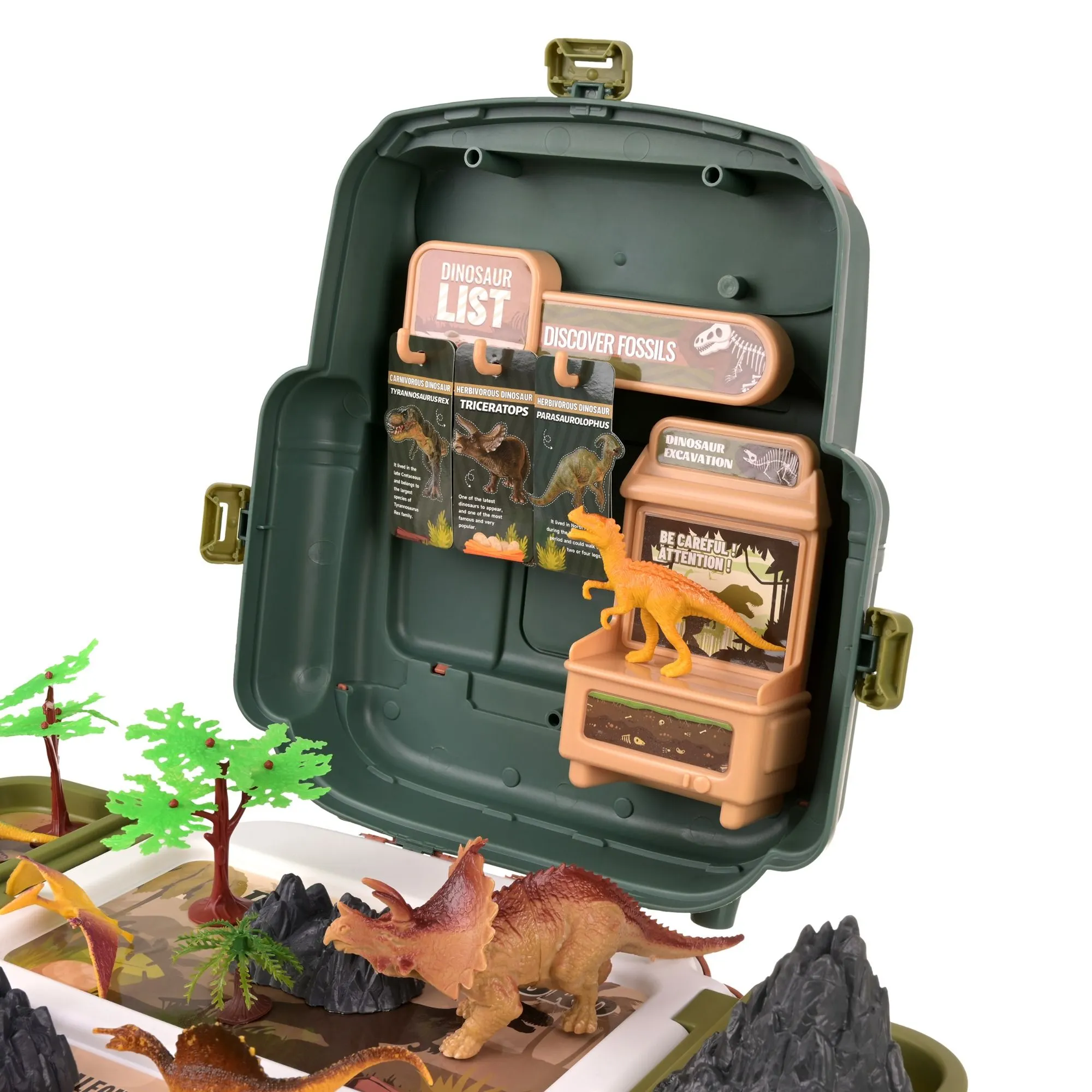 Dinosaur set in backpack – 5 dinosaurs, volcano and egg