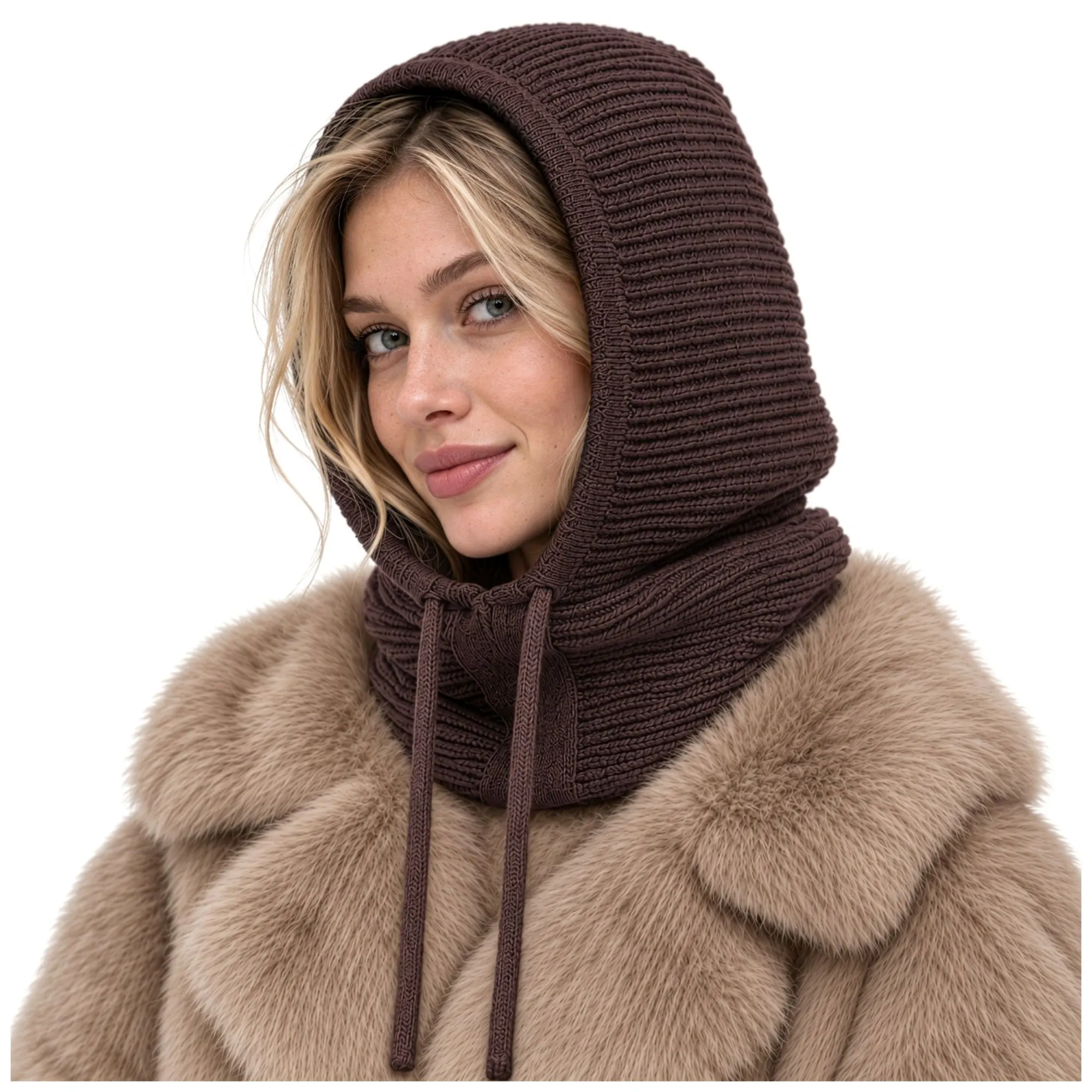 3-in-1 Sturmhaube für Damen, braun – Kapuze und Nackenwärmer