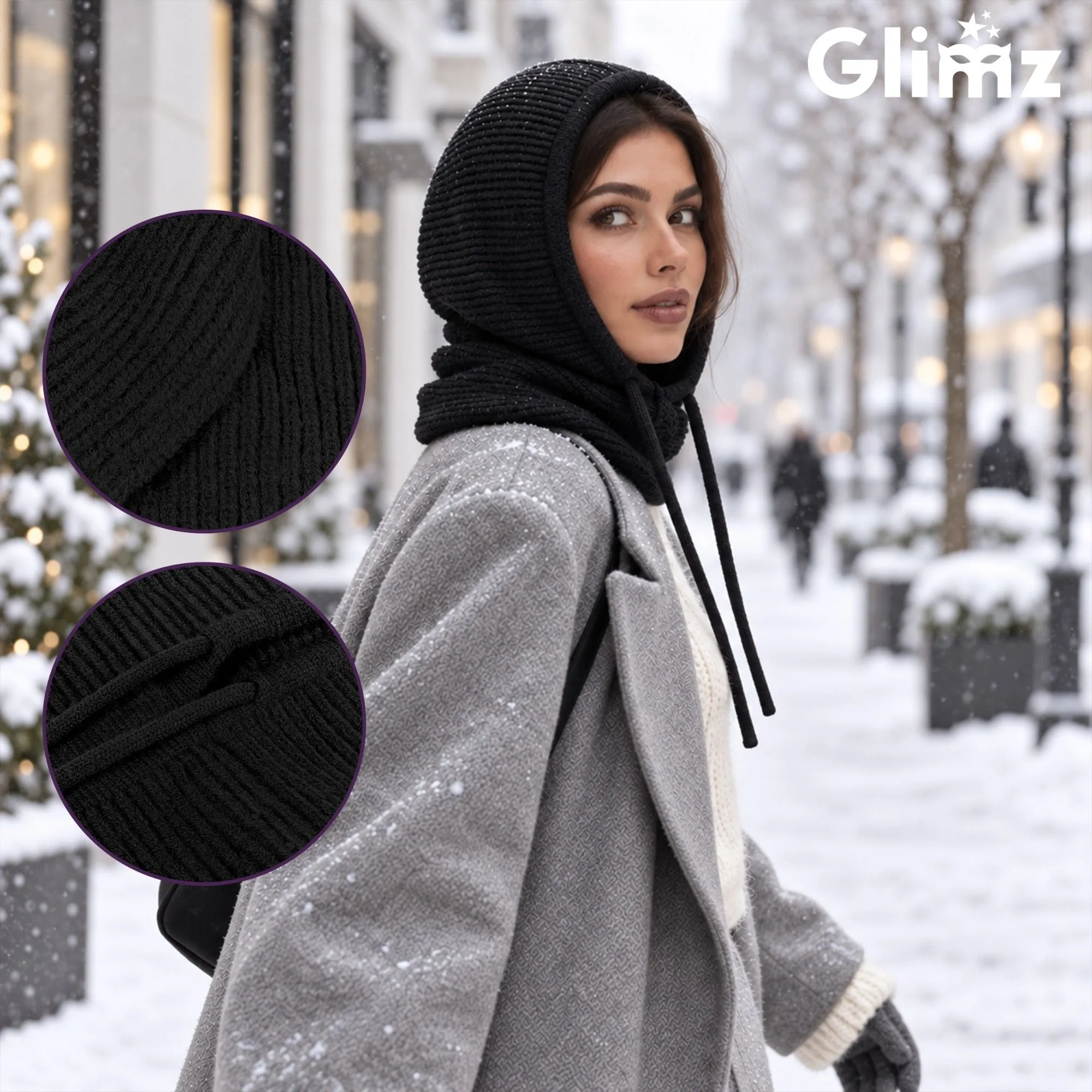 3-in-1 balaklava, naisten musta - huppu villalla