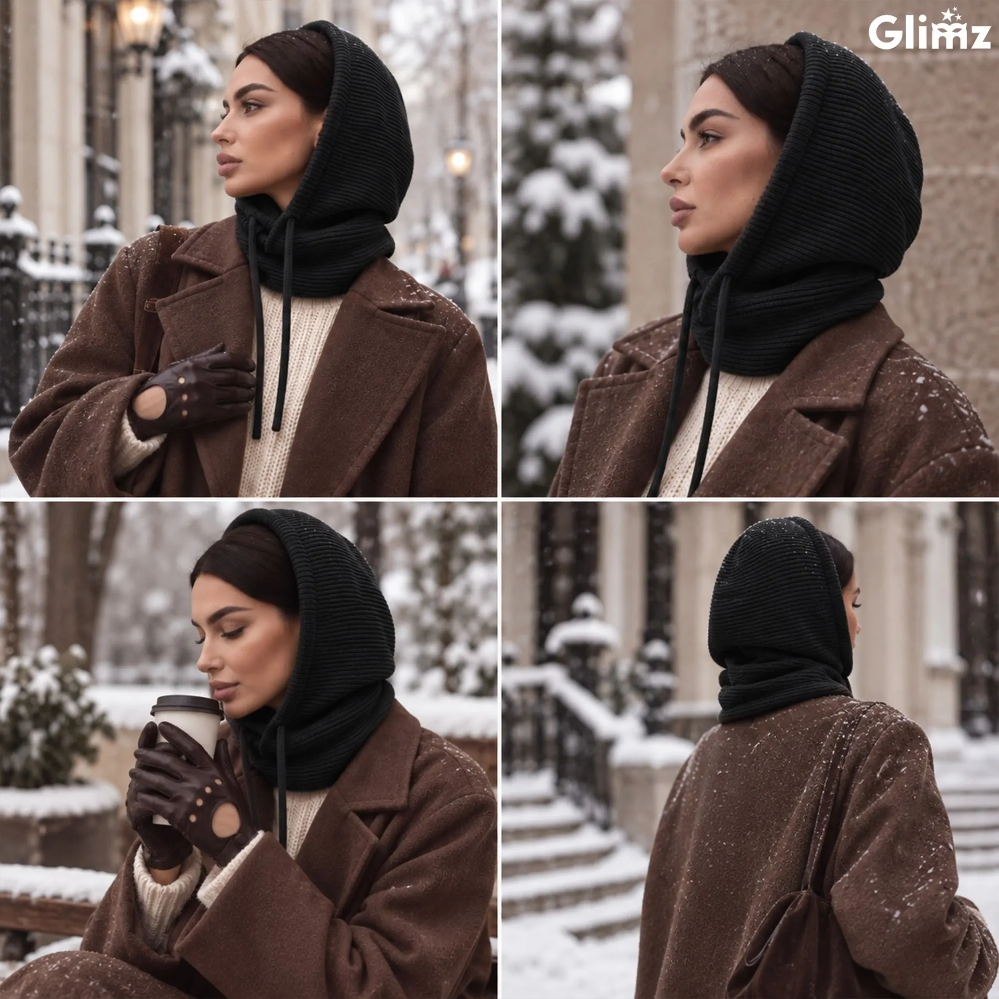 3-in-1 balaklava, naisten musta - huppu villalla