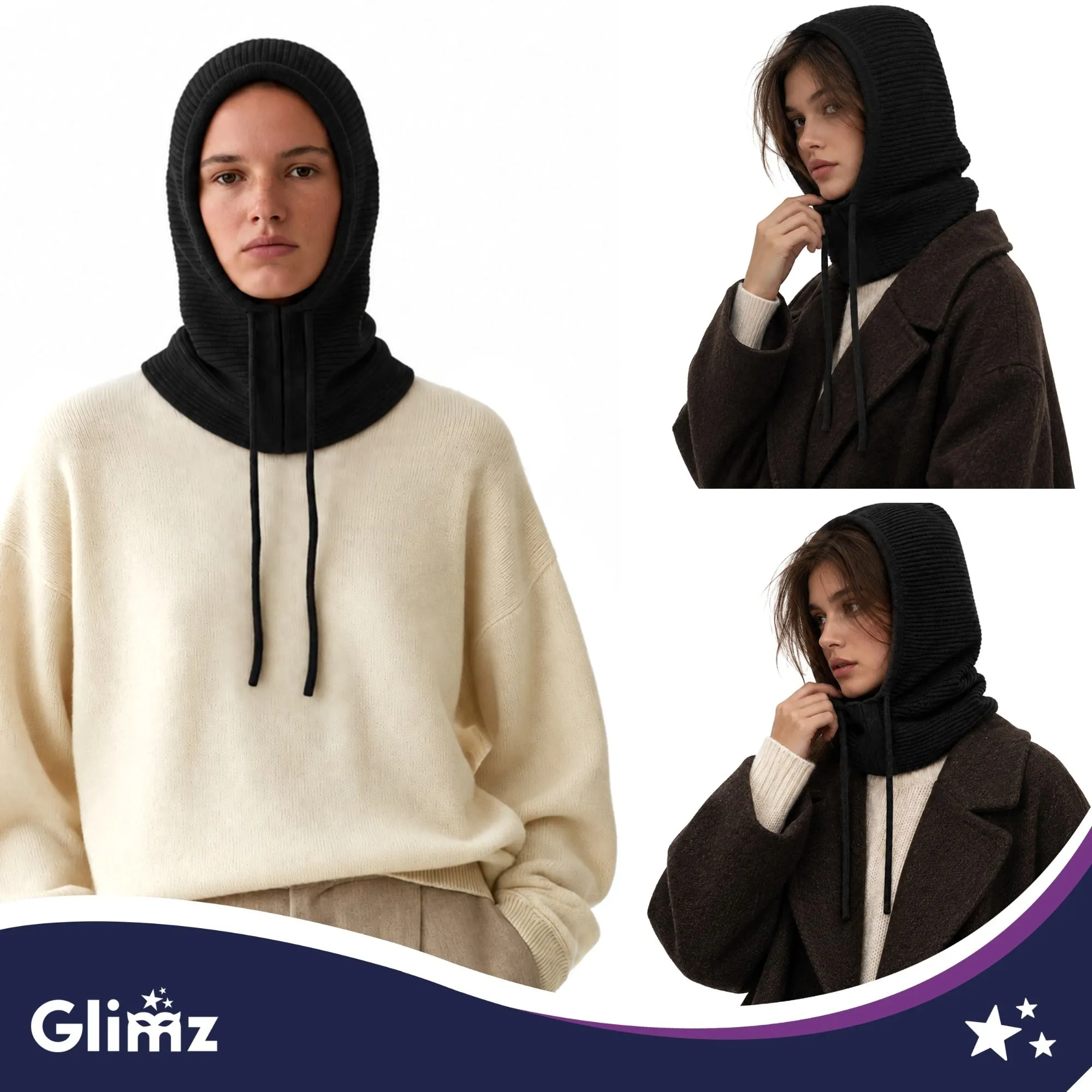 3-in-1 balaklava, naisten musta - huppu villalla