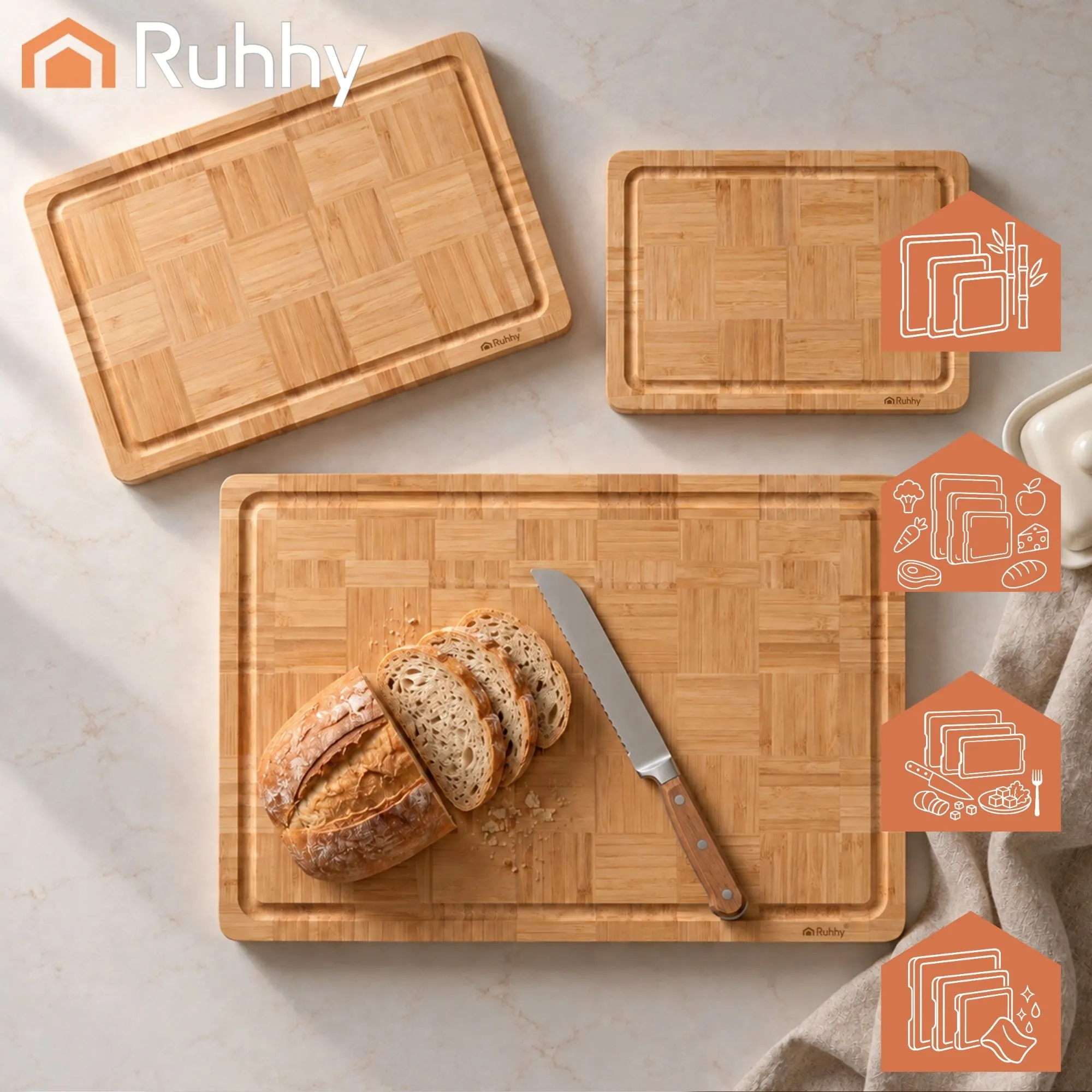 3er-Pack Bambus-Schneidebretter von RUHHY – Holzschneidebretter für die Küche