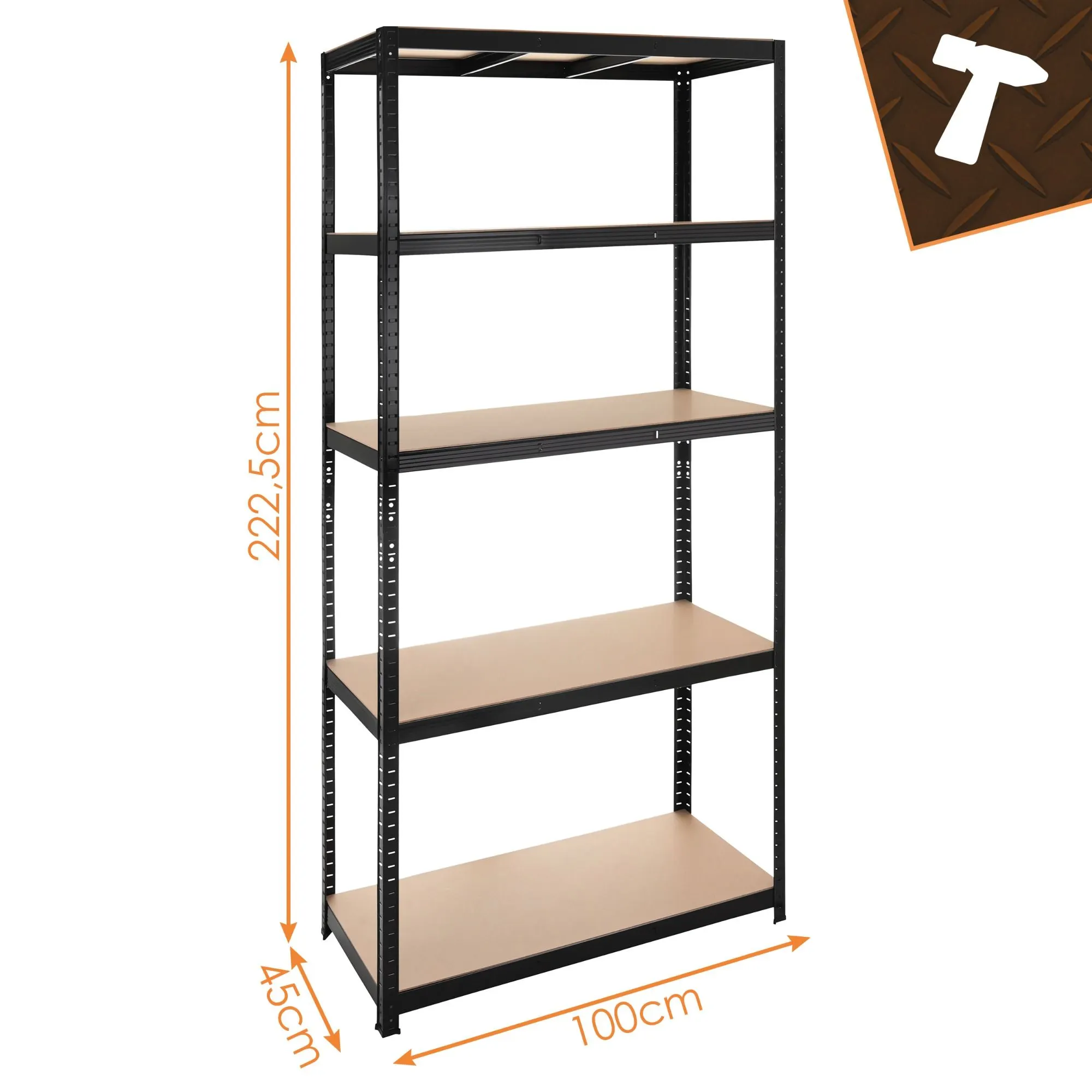 Lagerhylla 222,5x100x45 cm – svart metallhylla med 5 hyllplan, 1000 kg
