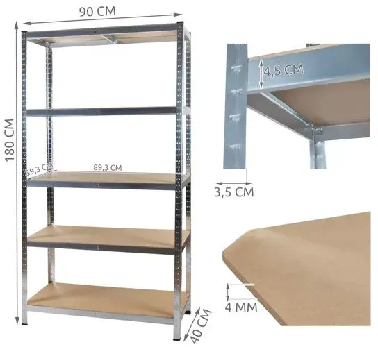 Lagerhylla 180x90x40 cm – galvaniserad metallhylla med 5 hyllplan, 875 kg