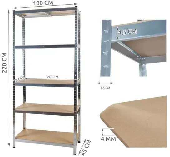 Lagerhylla 220x100x45 cm – galvaniserad metallhylla med 5 hyllplan, 875 kg