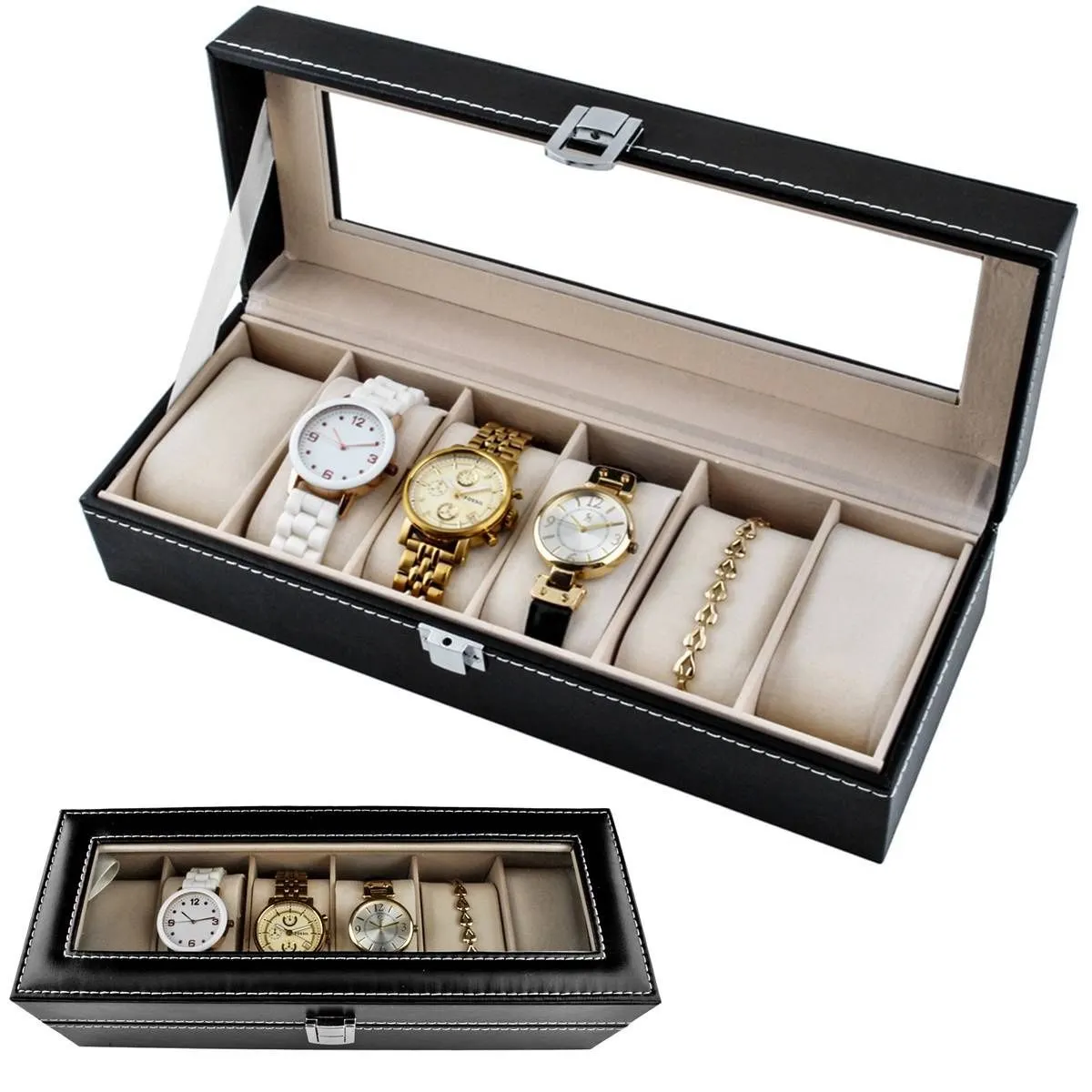 Klockbox med 6 fack – svart klockförvaring med transparent lock för klockor och smycken