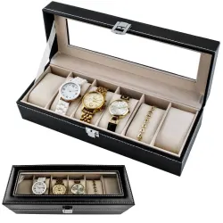 Klockbox med 6 fack – svart klockförvaring med transparent lock för klockor och smycken