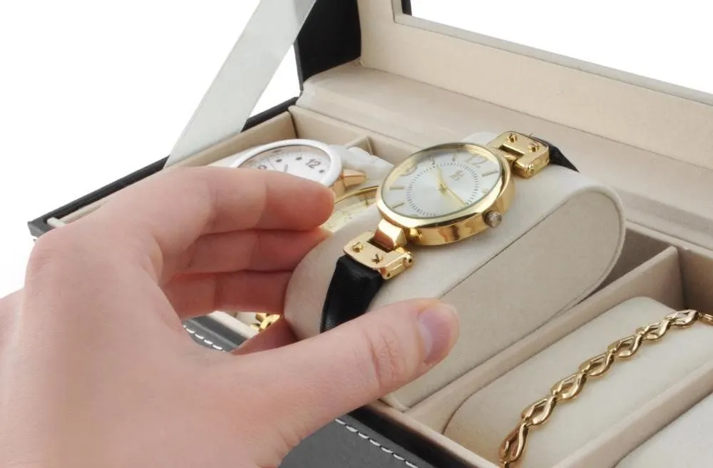 Klockbox med 6 fack – svart klockförvaring med transparent lock för klockor och smycken