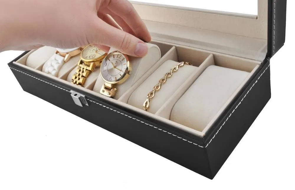 Klockbox med 6 fack – svart klockförvaring med transparent lock för klockor och smycken