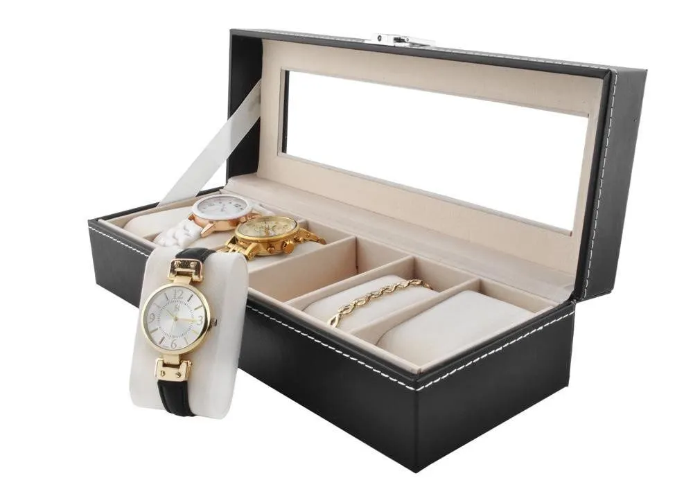 Klockbox med 6 fack – svart klockförvaring med transparent lock för klockor och smycken