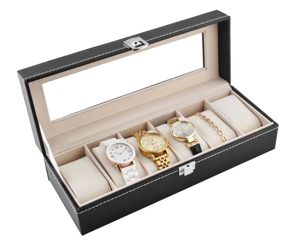 Klockbox med 6 fack – svart klockförvaring med transparent lock för klockor och smycken