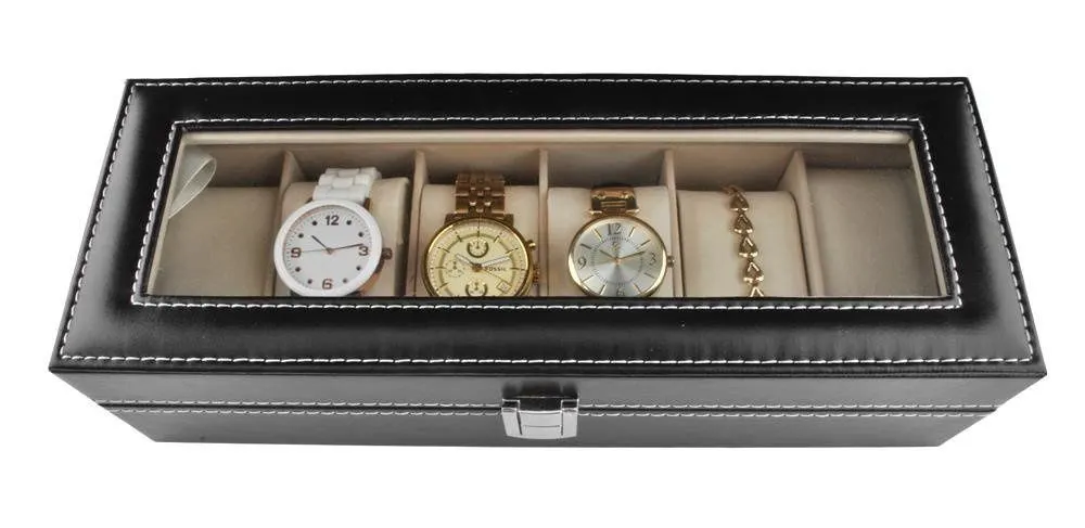 Klockbox med 6 fack – svart klockförvaring med transparent lock för klockor och smycken