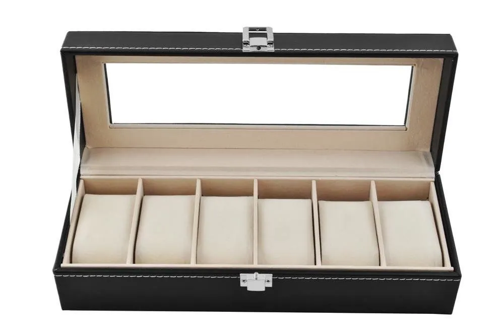 Klockbox med 6 fack – svart klockförvaring med transparent lock för klockor och smycken