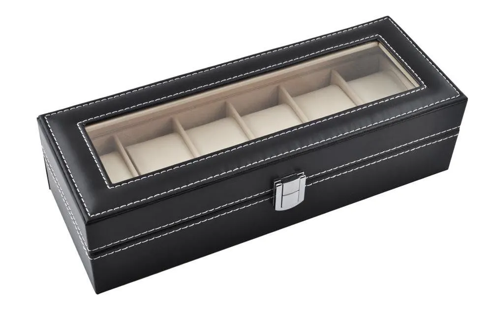 Klockbox med 6 fack – svart klockförvaring med transparent lock för klockor och smycken