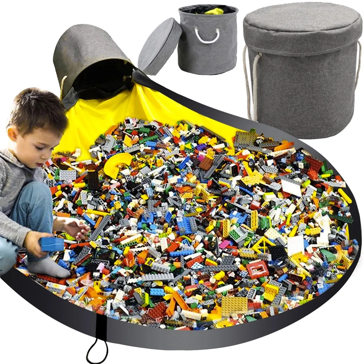 Lelukori leikkimatolla 2-in-1 – 20 litraa, 135 cm, palikoille ja leluille