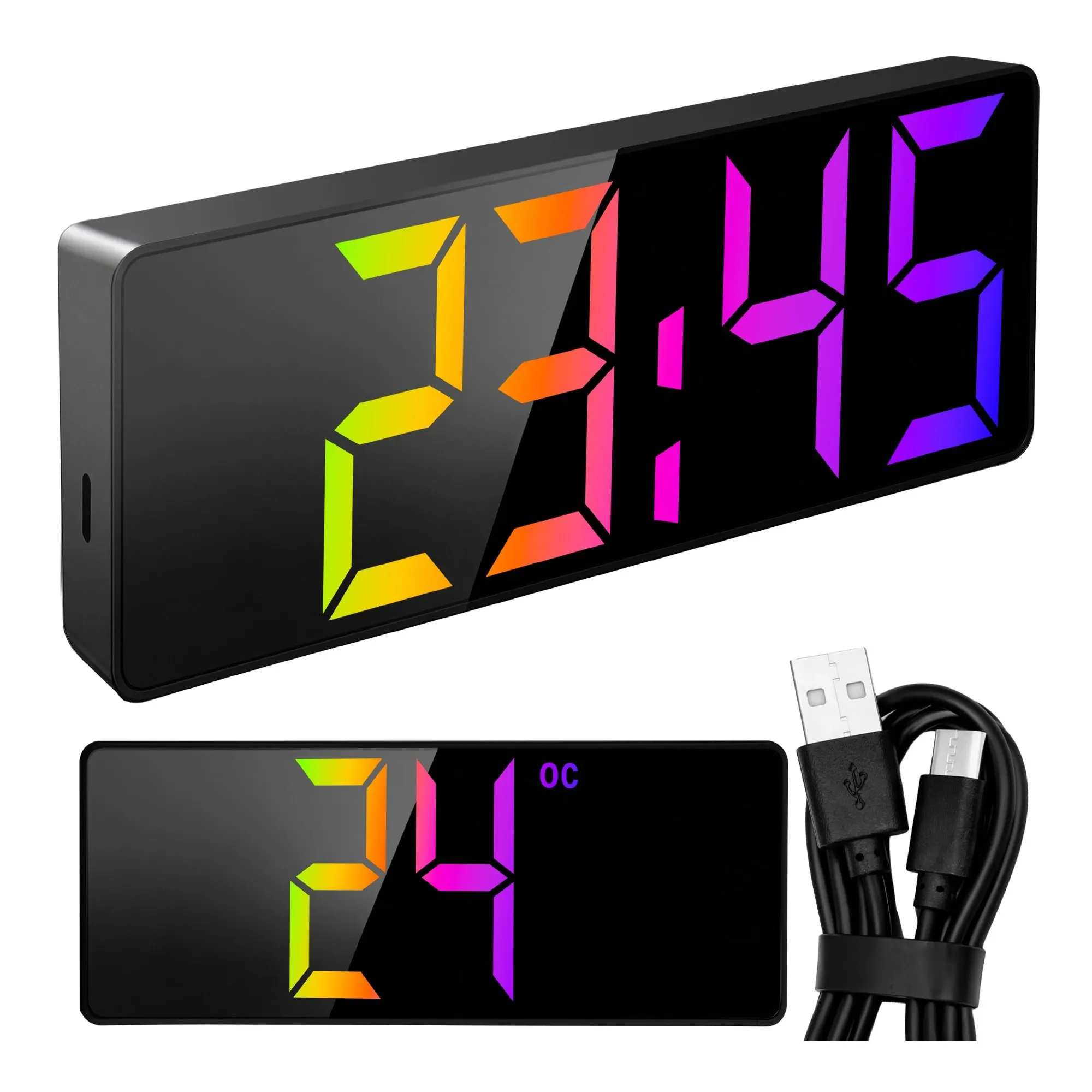 LED-väckarklocka med temperatur – färgdisplay, alarm, snooze, USB och batteri